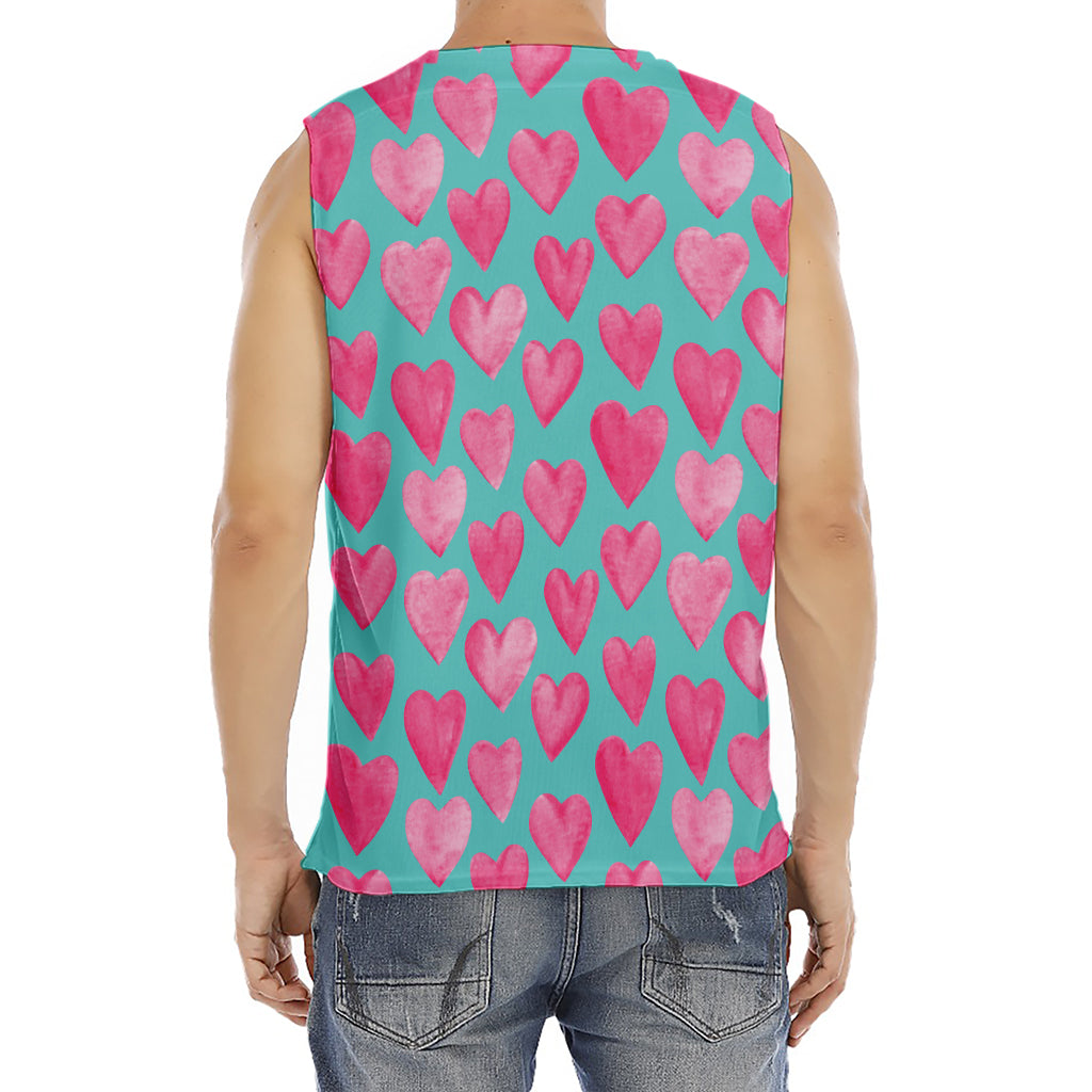 Pink And Teal Watercolor Heart Print Men's Fitness Tank Top