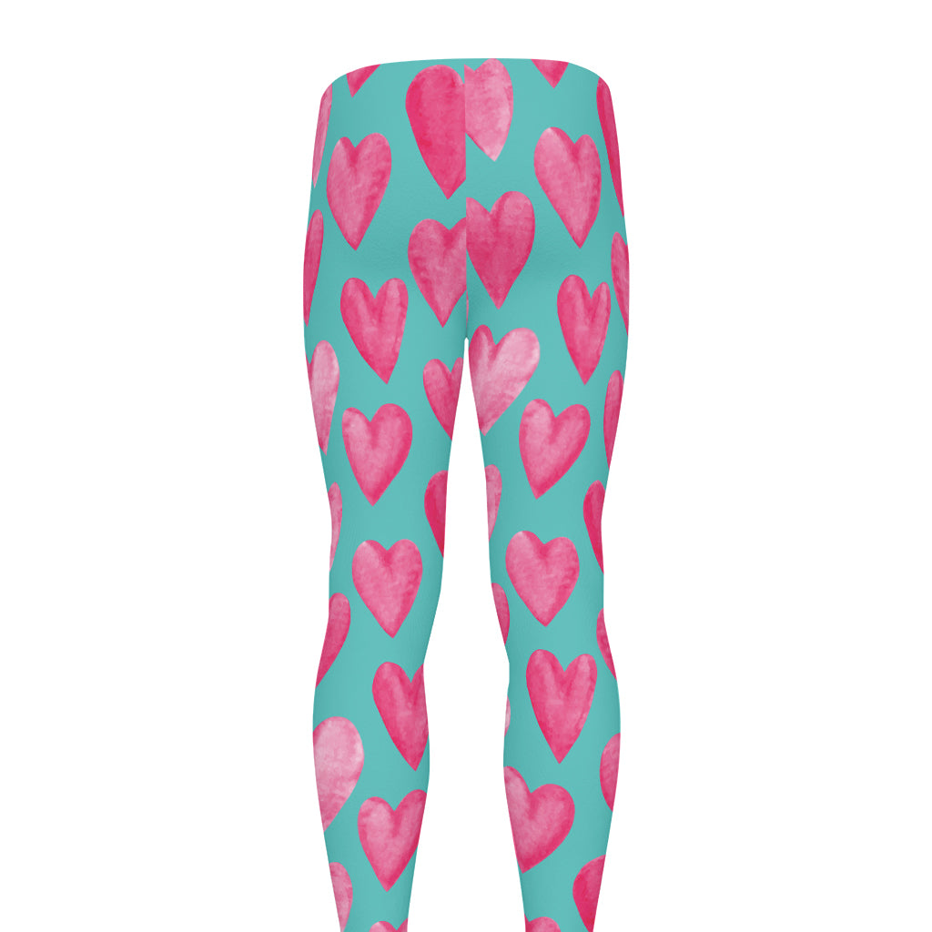 Pink And Teal Watercolor Heart Print Men's leggings