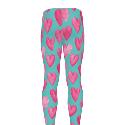 Pink And Teal Watercolor Heart Print Men's leggings