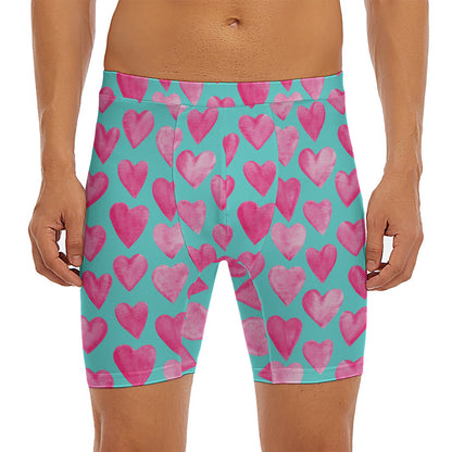 Pink And Teal Watercolor Heart Print Men's Long Boxer Briefs