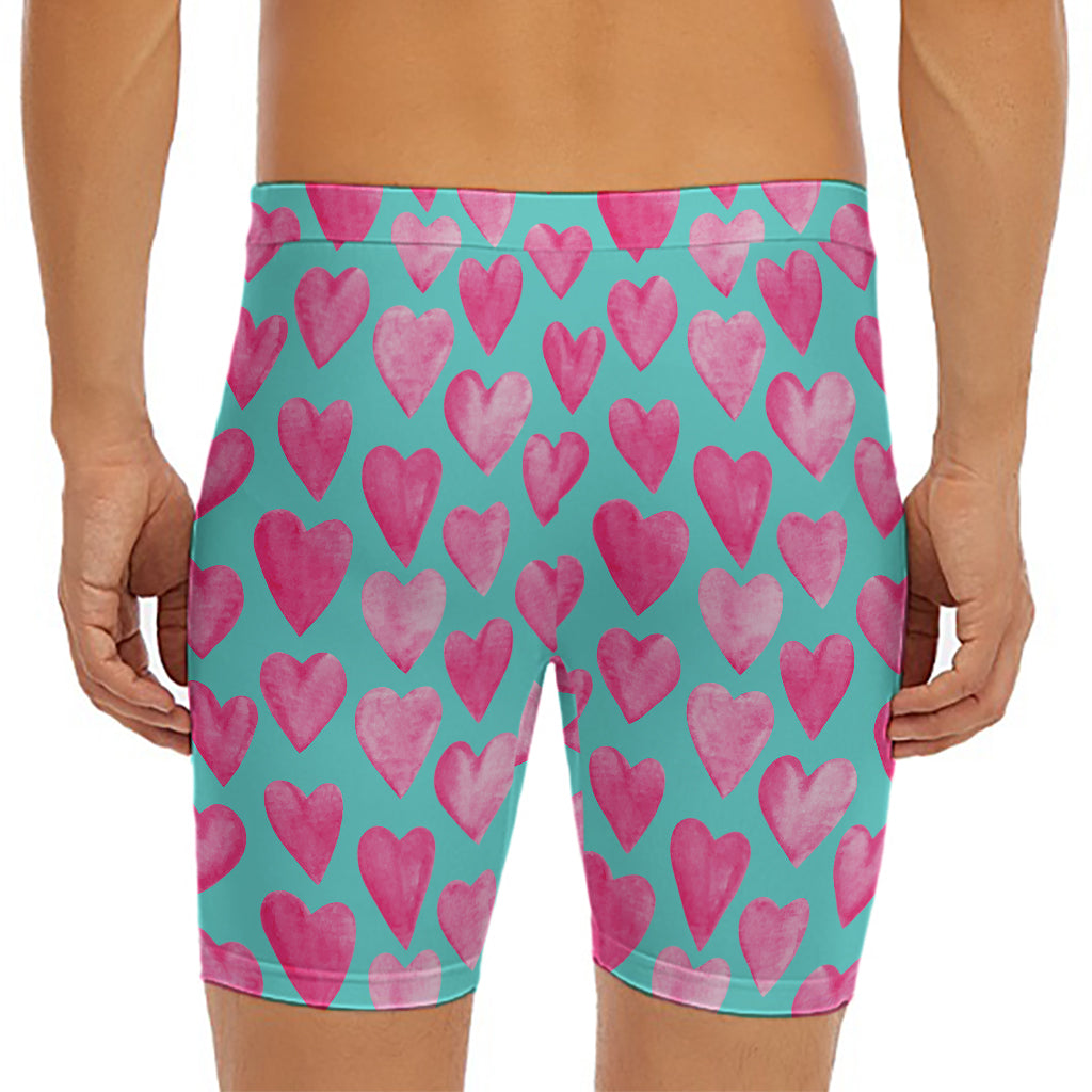 Pink And Teal Watercolor Heart Print Men's Long Boxer Briefs