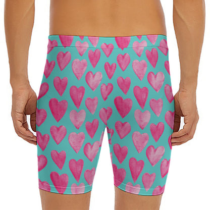 Pink And Teal Watercolor Heart Print Men's Long Boxer Briefs
