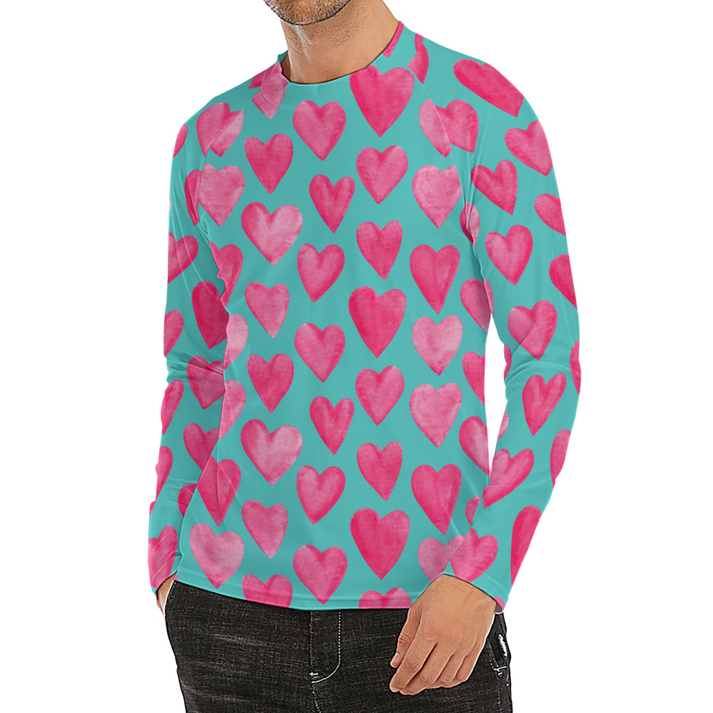 Pink And Teal Watercolor Heart Print Men's Long Sleeve Rash Guard