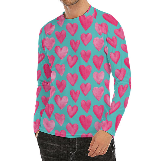 Pink And Teal Watercolor Heart Print Men's Long Sleeve Rash Guard