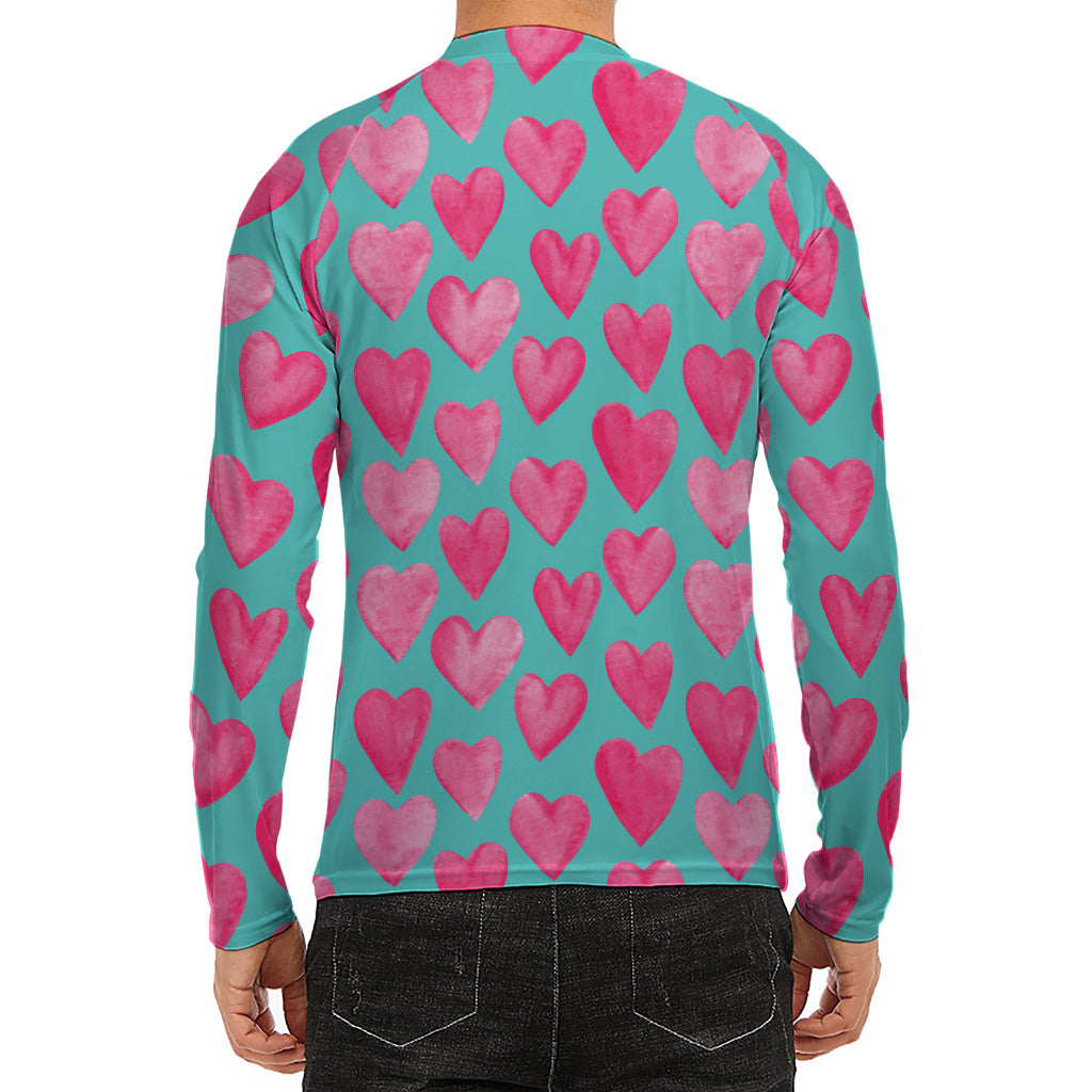 Pink And Teal Watercolor Heart Print Men's Long Sleeve Rash Guard