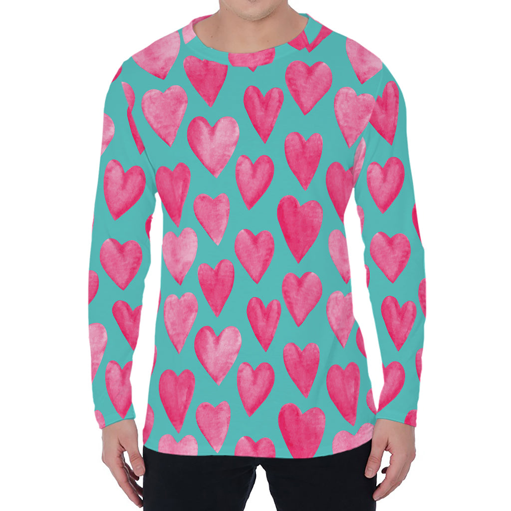 Pink And Teal Watercolor Heart Print Men's Long Sleeve T-Shirt