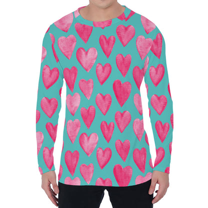 Pink And Teal Watercolor Heart Print Men's Long Sleeve T-Shirt