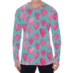Pink And Teal Watercolor Heart Print Men's Long Sleeve T-Shirt