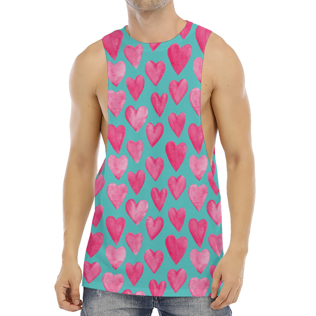 Pink And Teal Watercolor Heart Print Men's Muscle Tank Top