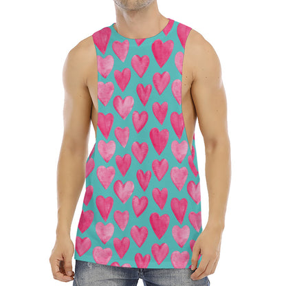Pink And Teal Watercolor Heart Print Men's Muscle Tank Top