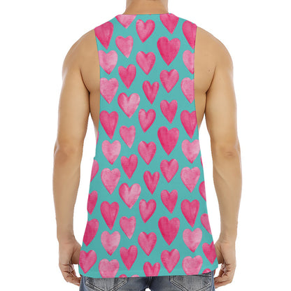 Pink And Teal Watercolor Heart Print Men's Muscle Tank Top