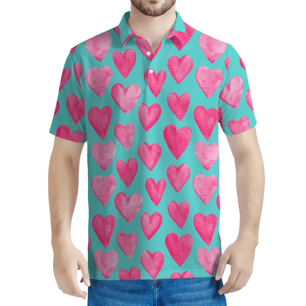 Pink And Teal Watercolor Heart Print Men's Polo Shirt