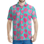 Pink And Teal Watercolor Heart Print Men's Polo Shirt