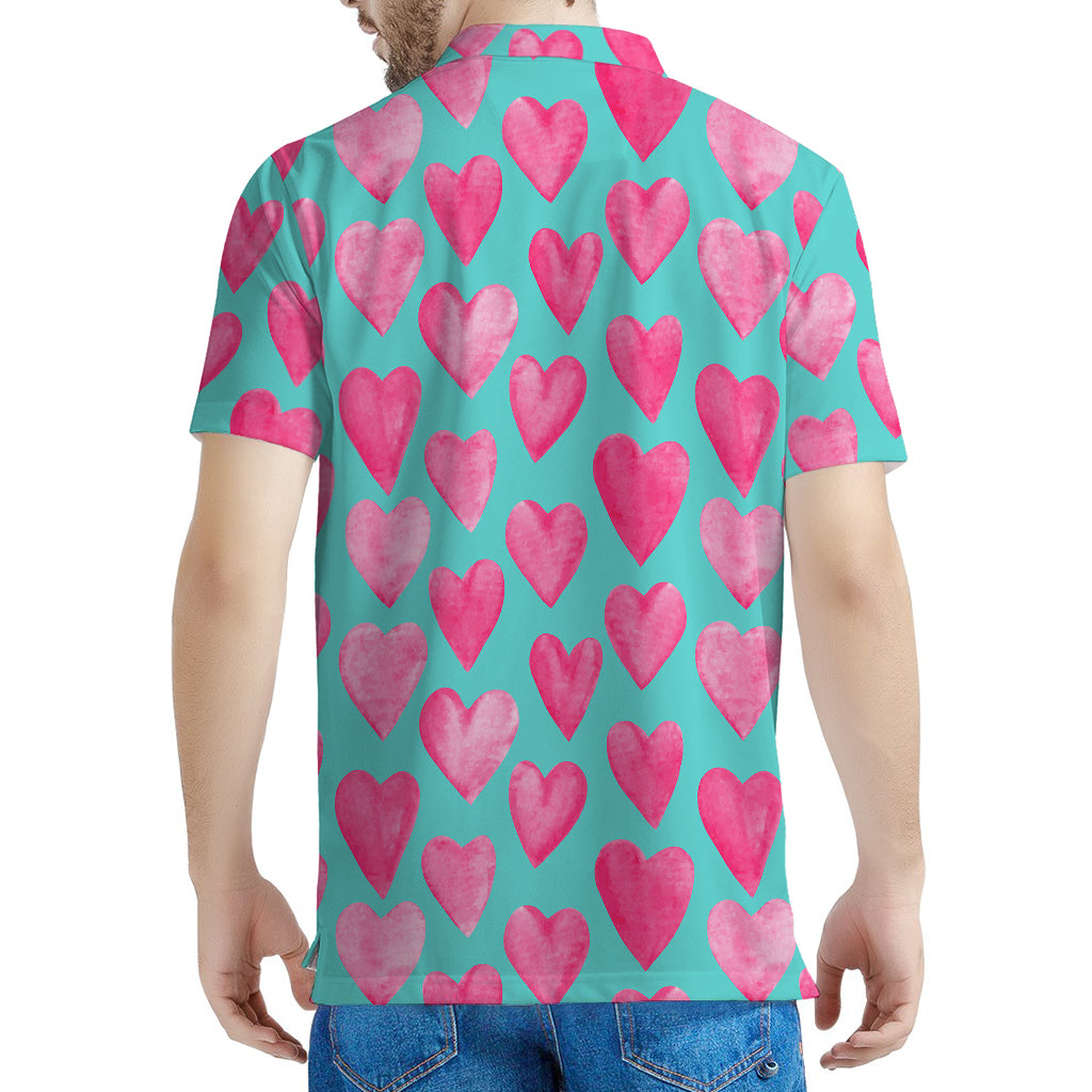 Pink And Teal Watercolor Heart Print Men's Polo Shirt