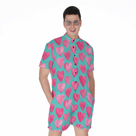 Pink And Teal Watercolor Heart Print Men's Rompers