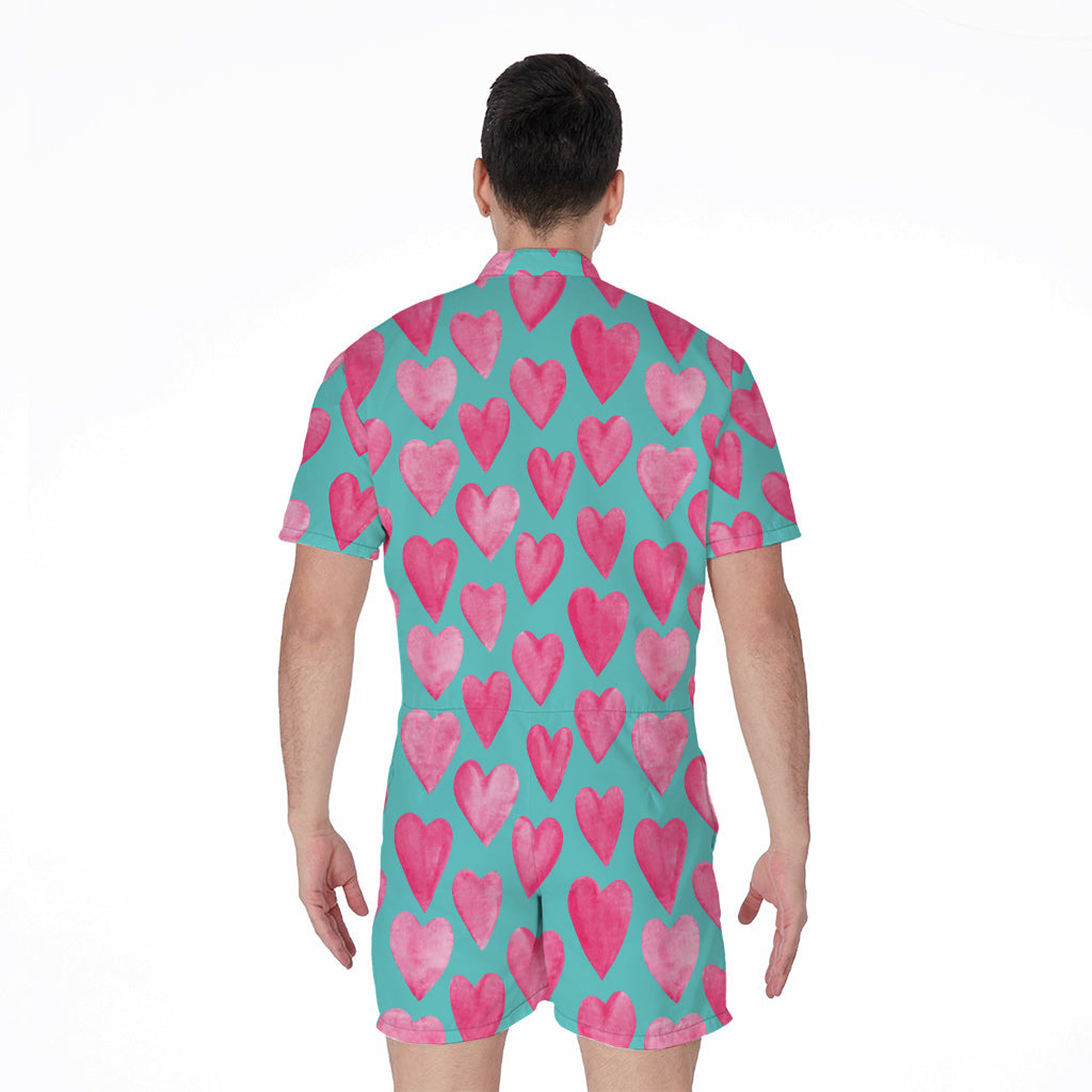 Pink And Teal Watercolor Heart Print Men's Rompers