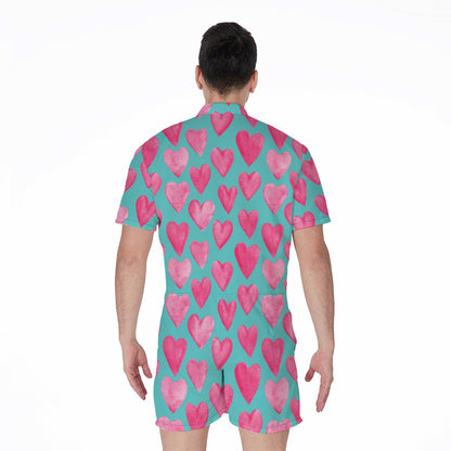 Pink And Teal Watercolor Heart Print Men's Rompers