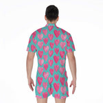 Pink And Teal Watercolor Heart Print Men's Rompers