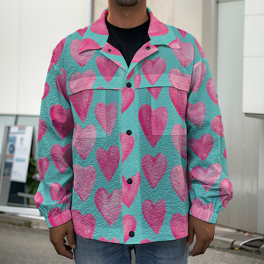 Pink And Teal Watercolor Heart Print Men's Shirt Jacket