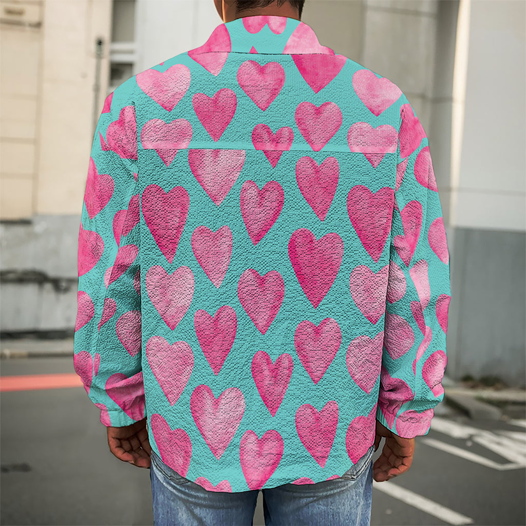 Pink And Teal Watercolor Heart Print Men's Shirt Jacket