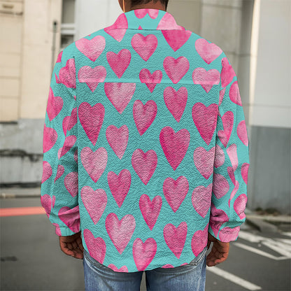 Pink And Teal Watercolor Heart Print Men's Shirt Jacket