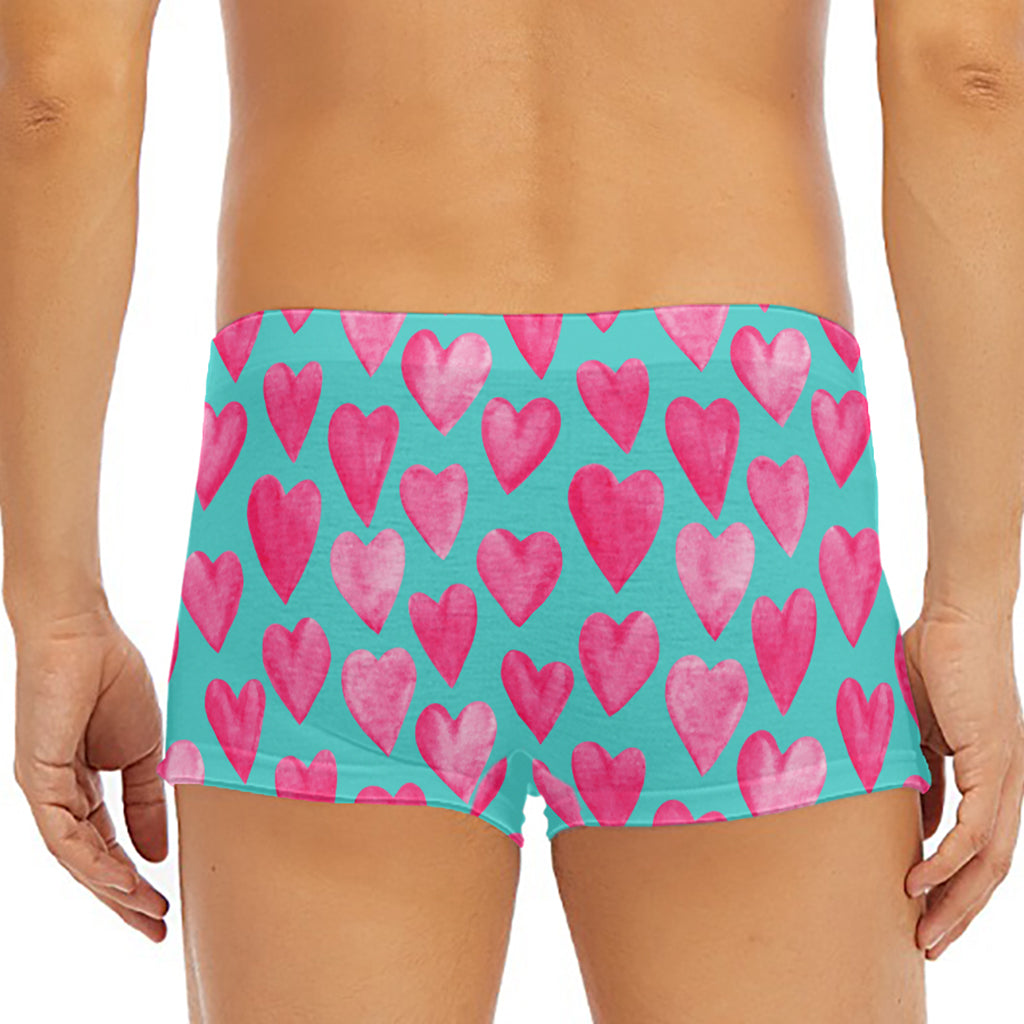 Pink And Teal Watercolor Heart Print Men's Short Boxer Briefs