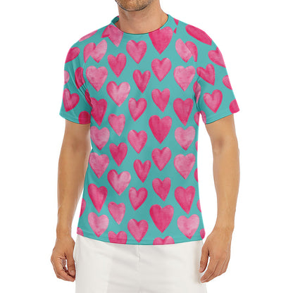 Pink And Teal Watercolor Heart Print Men's Short Sleeve Rash Guard
