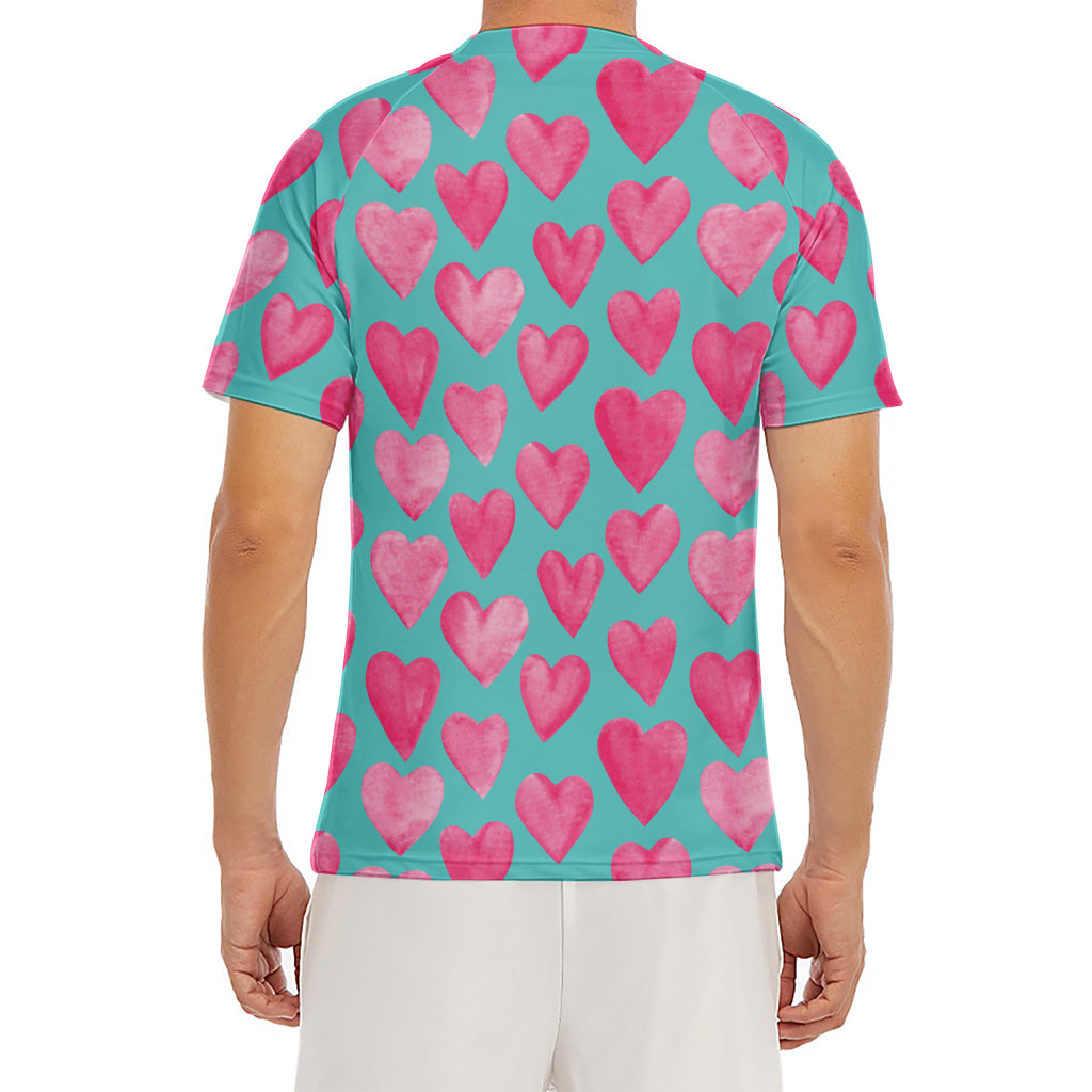 Pink And Teal Watercolor Heart Print Men's Short Sleeve Rash Guard