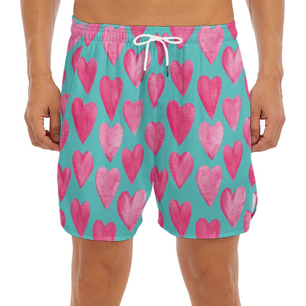 Pink And Teal Watercolor Heart Print Men's Split Running Shorts
