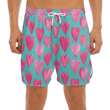 Pink And Teal Watercolor Heart Print Men's Split Running Shorts