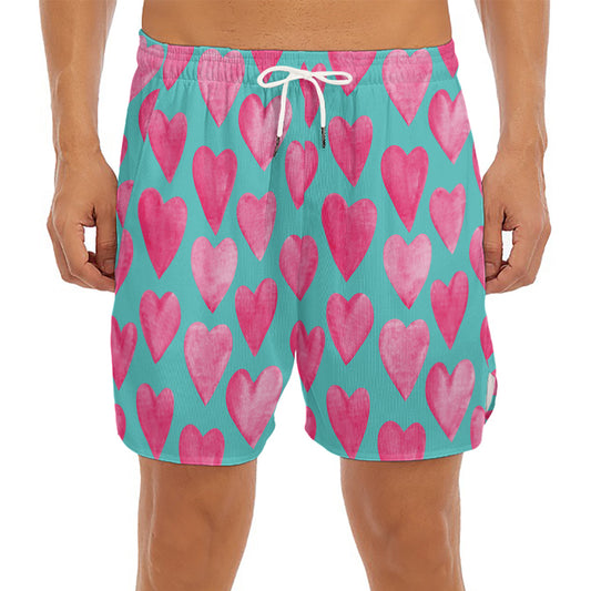 Pink And Teal Watercolor Heart Print Men's Split Running Shorts