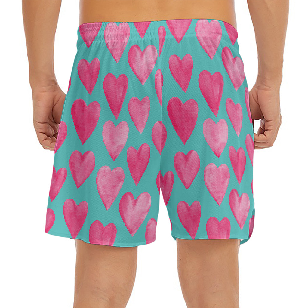 Pink And Teal Watercolor Heart Print Men's Split Running Shorts