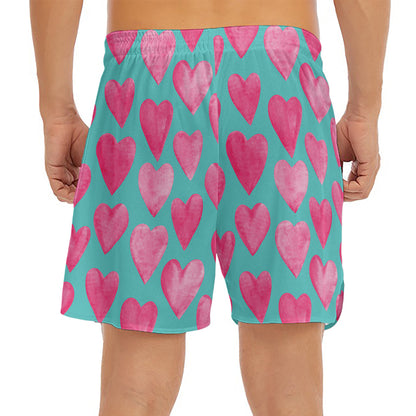 Pink And Teal Watercolor Heart Print Men's Split Running Shorts