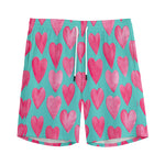 Pink And Teal Watercolor Heart Print Men's Sports Shorts