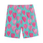 Pink And Teal Watercolor Heart Print Men's Sports Shorts
