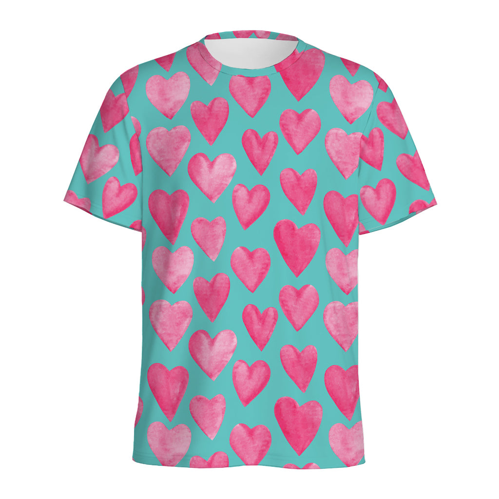 Pink And Teal Watercolor Heart Print Men's Sports T-Shirt