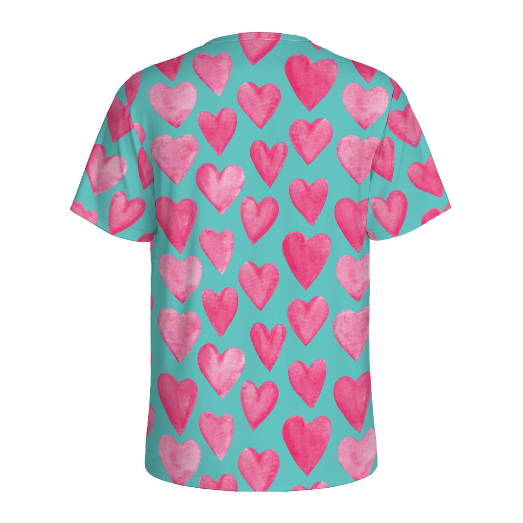Pink And Teal Watercolor Heart Print Men's Sports T-Shirt