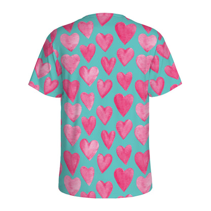 Pink And Teal Watercolor Heart Print Men's Sports T-Shirt