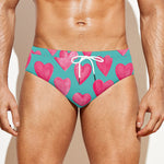 Pink And Teal Watercolor Heart Print Men's Swim Briefs