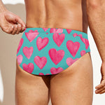 Pink And Teal Watercolor Heart Print Men's Swim Briefs