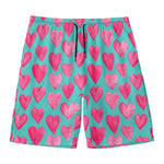 Pink And Teal Watercolor Heart Print Men's Swim Trunks