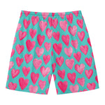 Pink And Teal Watercolor Heart Print Men's Swim Trunks
