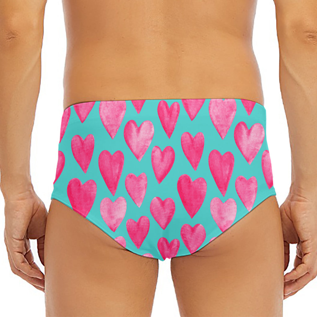 Pink And Teal Watercolor Heart Print Men's Triangle Swim Briefs