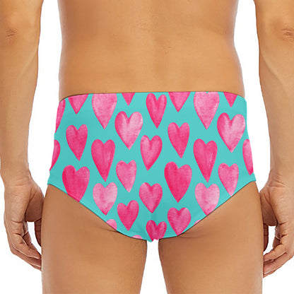 Pink And Teal Watercolor Heart Print Men's Triangle Swim Briefs