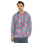Pink And Teal Watercolor Heart Print Men's Velvet Pullover Hoodie