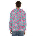 Pink And Teal Watercolor Heart Print Men's Velvet Pullover Hoodie