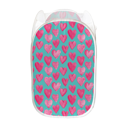 Pink And Teal Watercolor Heart Print Mesh Laundry Hamper