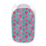 Pink And Teal Watercolor Heart Print Mesh Laundry Hamper