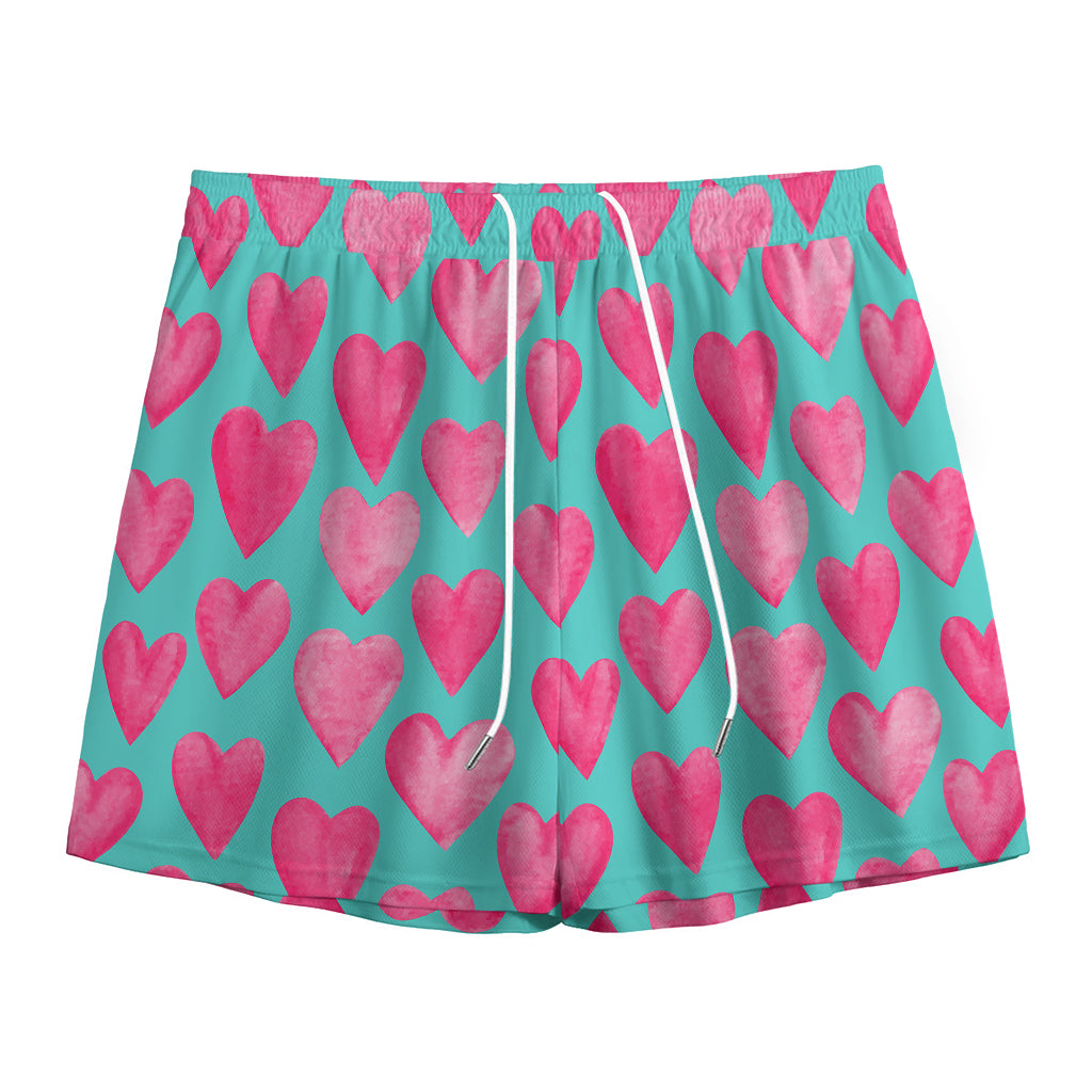 Pink And Teal Watercolor Heart Print Mesh Shorts