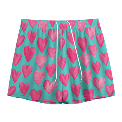 Pink And Teal Watercolor Heart Print Mesh Shorts